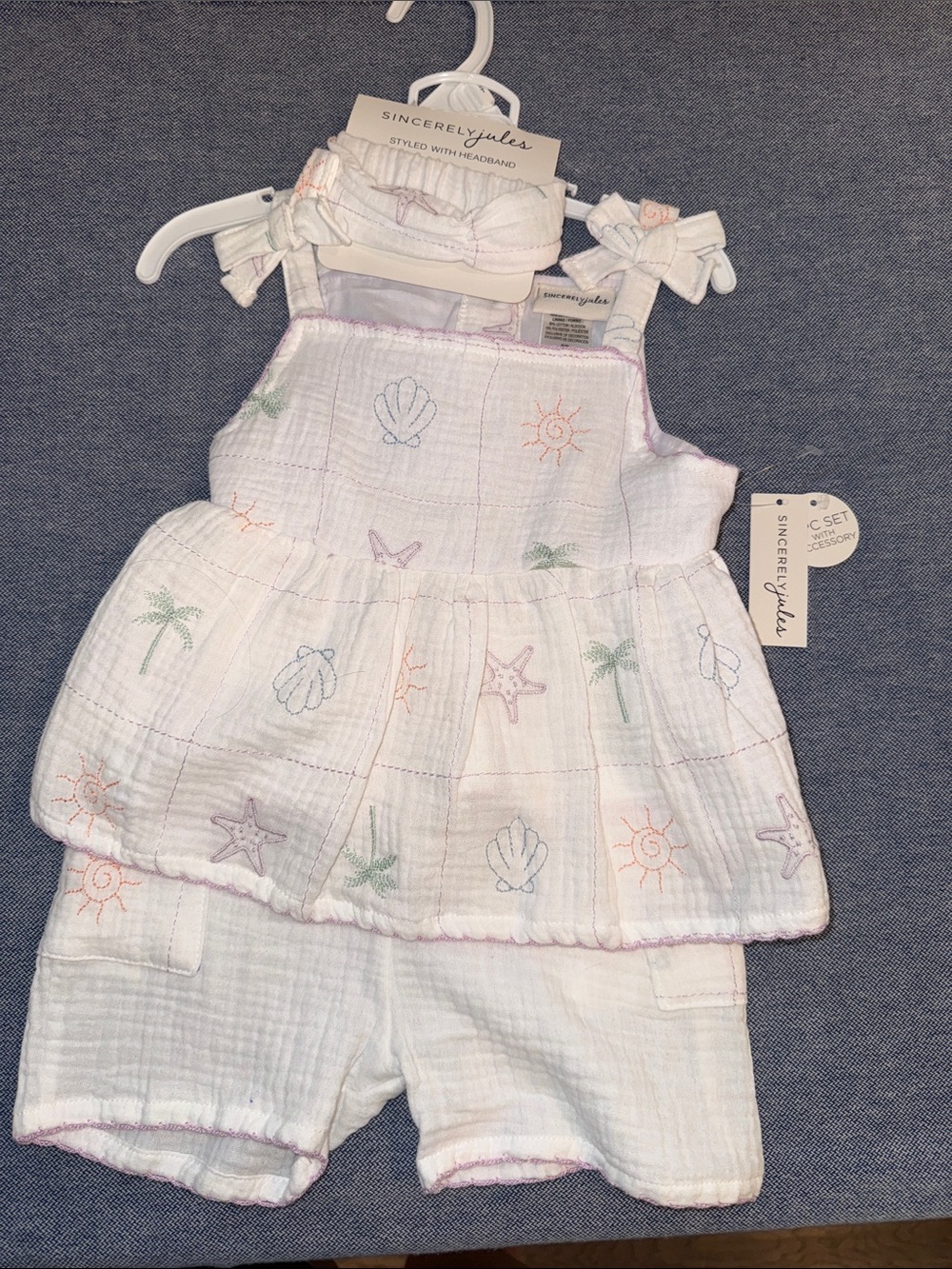 Sincerely Jules White Toddler Beach Embroidered Two-Piece Set with Head Band